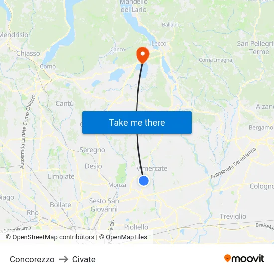 Concorezzo to Civate map