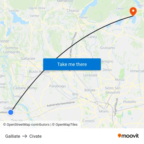 Galliate to Civate map