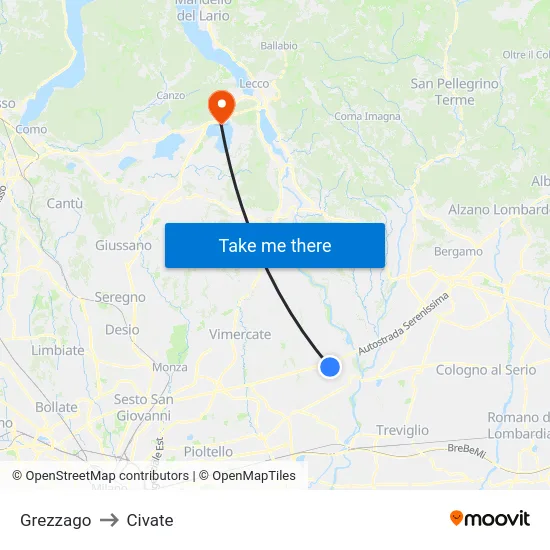 Grezzago to Civate map