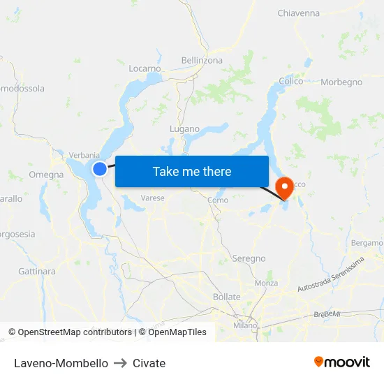Laveno-Mombello to Civate map