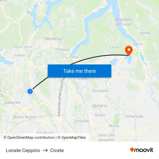Lonate Ceppino to Civate map