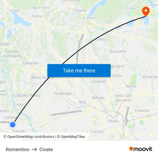 Romentino to Civate map