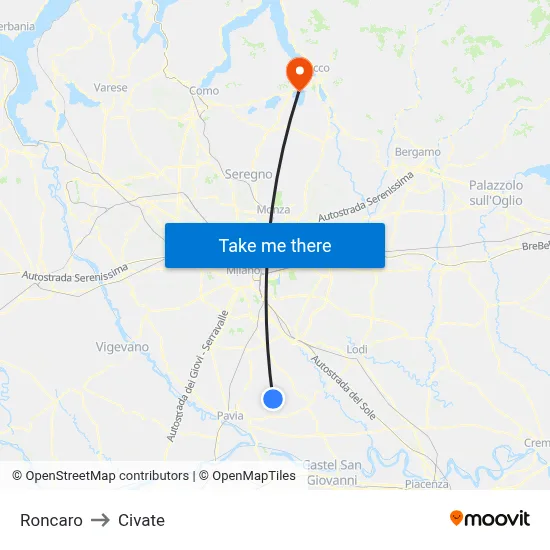 Roncaro to Civate map