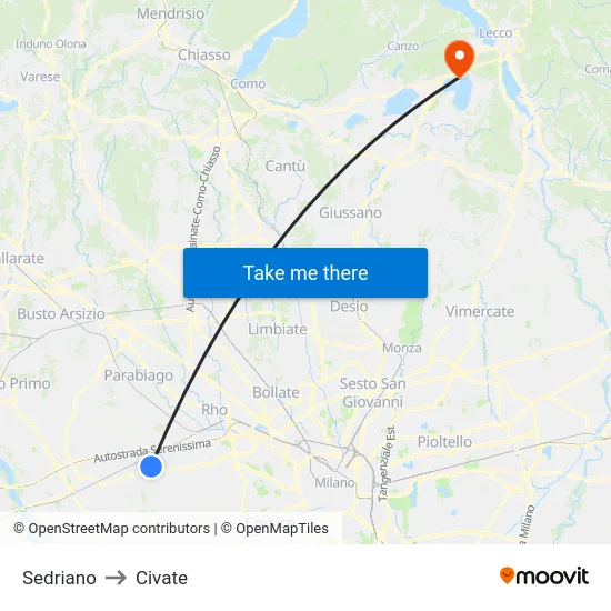 Sedriano to Civate map