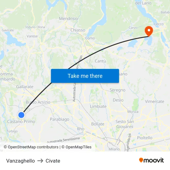 Vanzaghello to Civate map