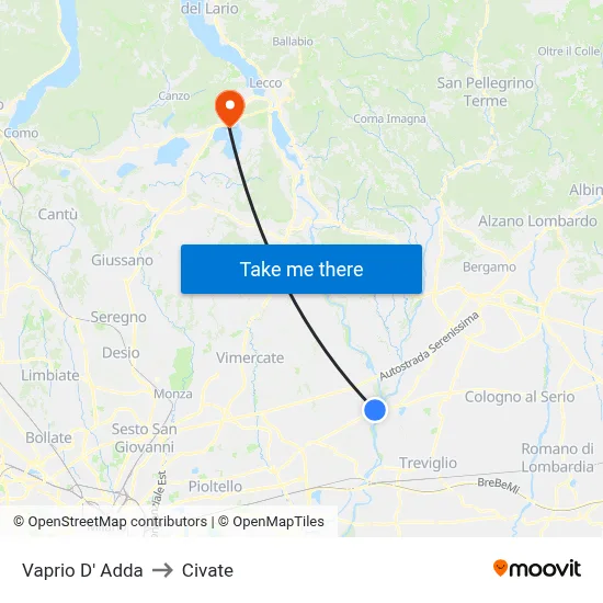 Vaprio d'Adda to Civate map