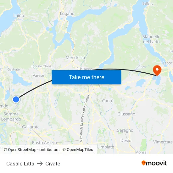Casale Litta to Civate map