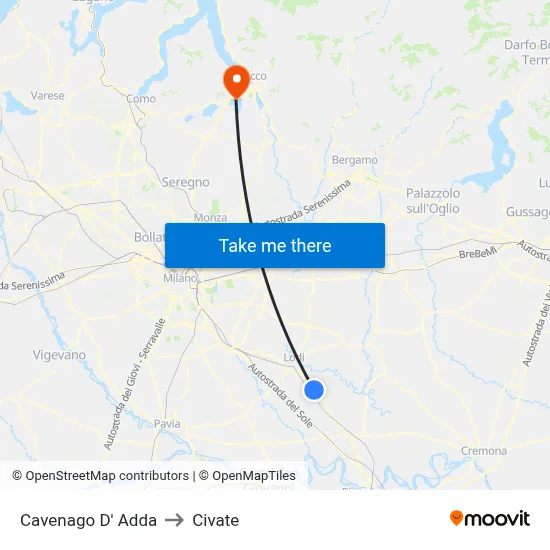 Cavenago D' Adda to Civate map