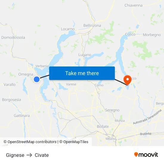 Gignese to Civate map