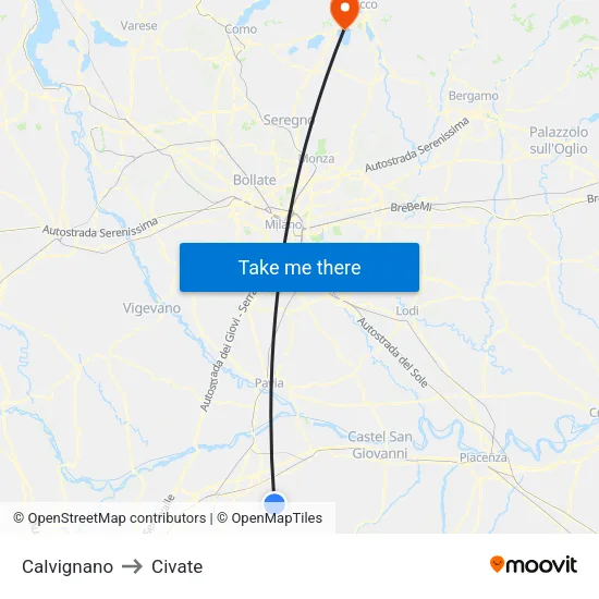 Calvignano to Civate map
