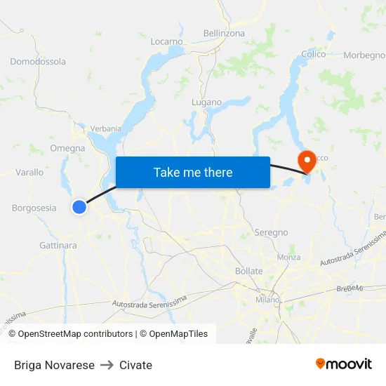Briga Novarese to Civate map