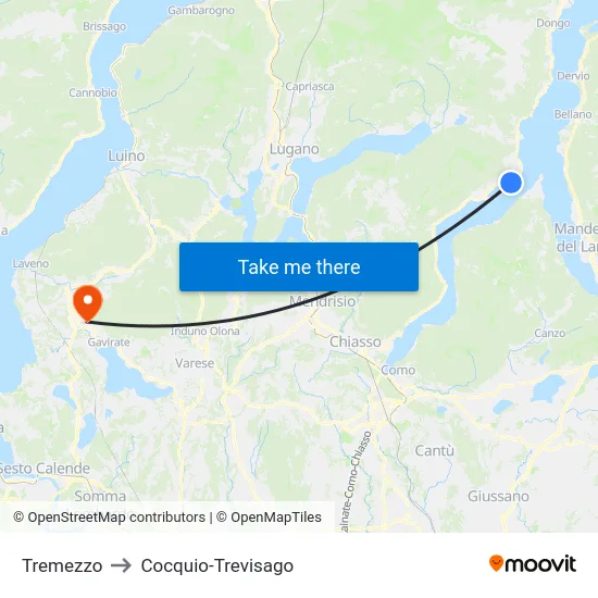 Tremezzo to Cocquio-Trevisago map
