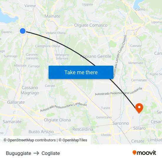 Buguggiate to Cogliate map