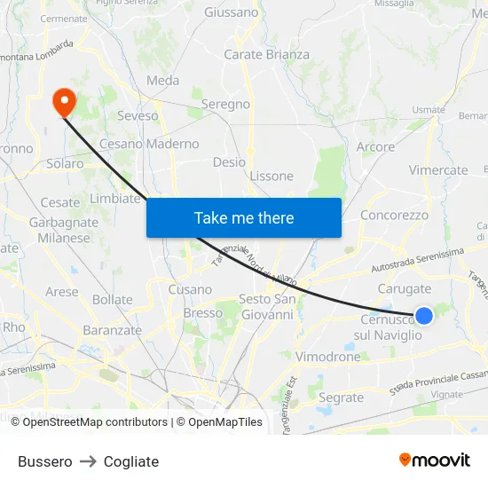 Bussero to Cogliate map