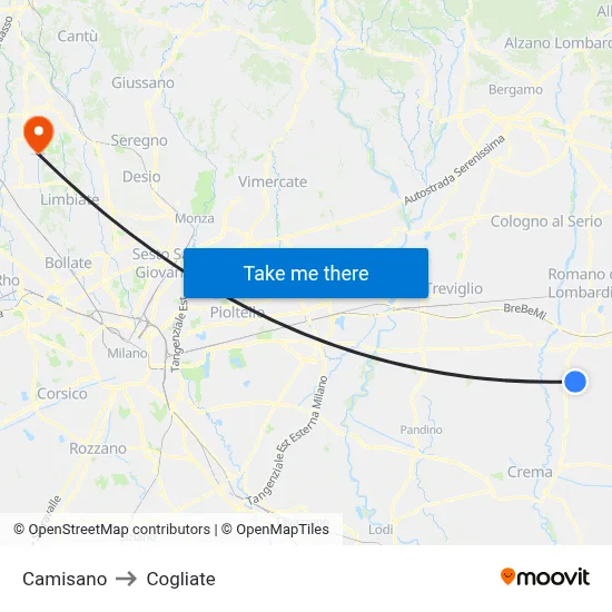 Camisano to Cogliate map