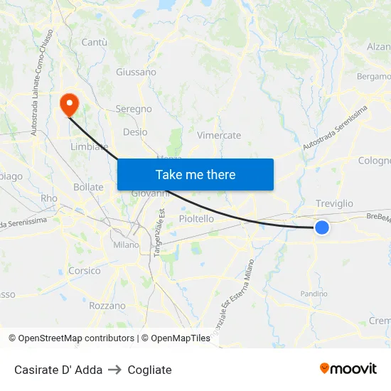 Casirate d'Adda to Cogliate map