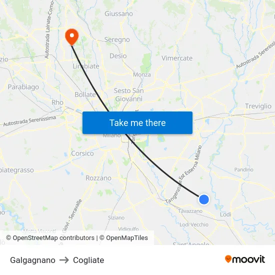 Galgagnano to Cogliate map