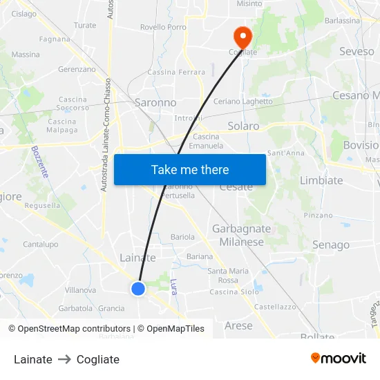 Lainate to Cogliate map