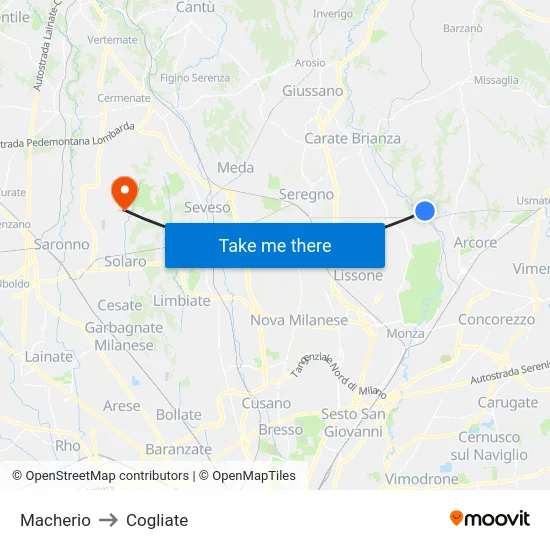 Macherio to Cogliate map
