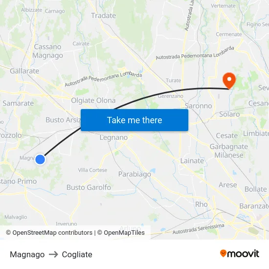 Magnago to Cogliate map