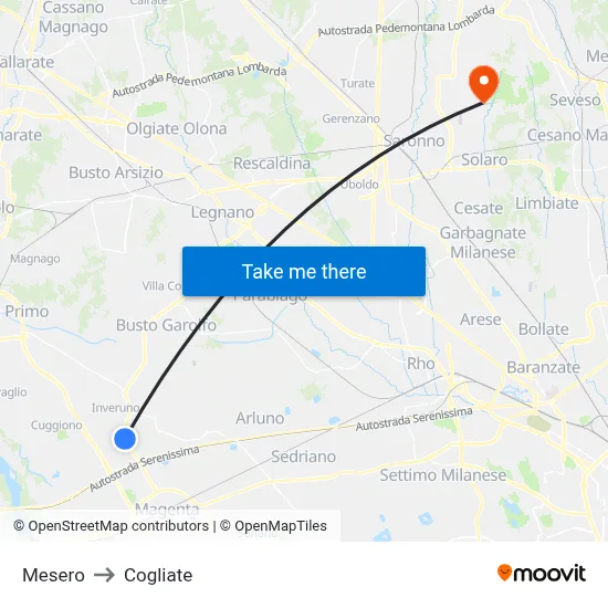 Mesero to Cogliate map