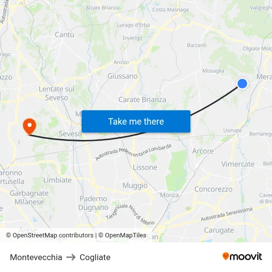 Montevecchia to Cogliate map