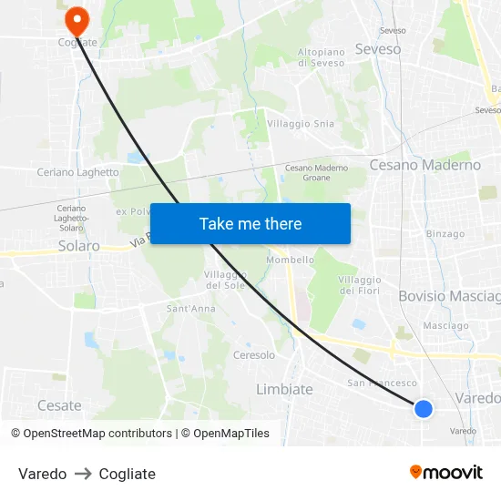 Varedo to Cogliate map