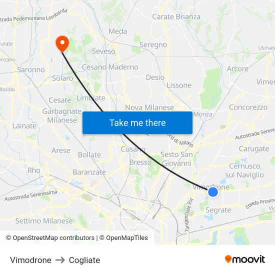 Vimodrone to Cogliate map