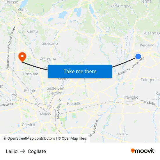 Lallio to Cogliate map