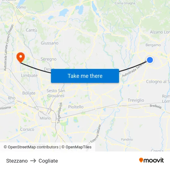 Stezzano to Cogliate map