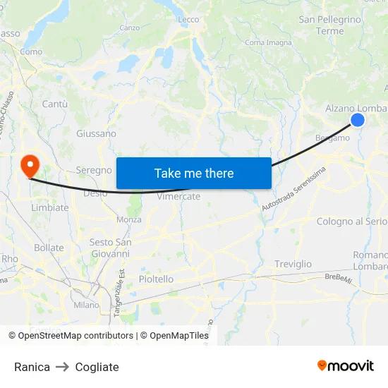 Ranica to Cogliate map