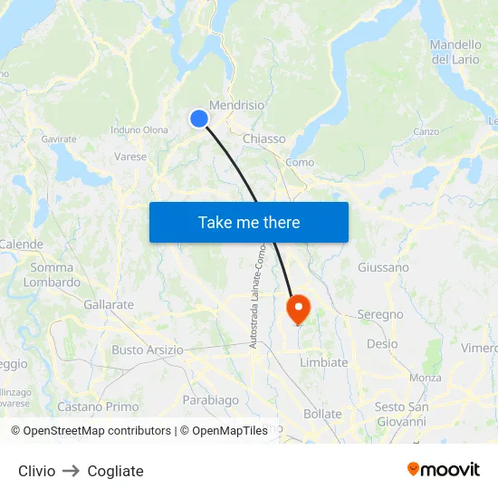 Clivio to Cogliate map