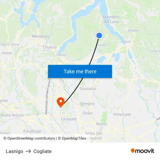 Lasnigo to Cogliate map