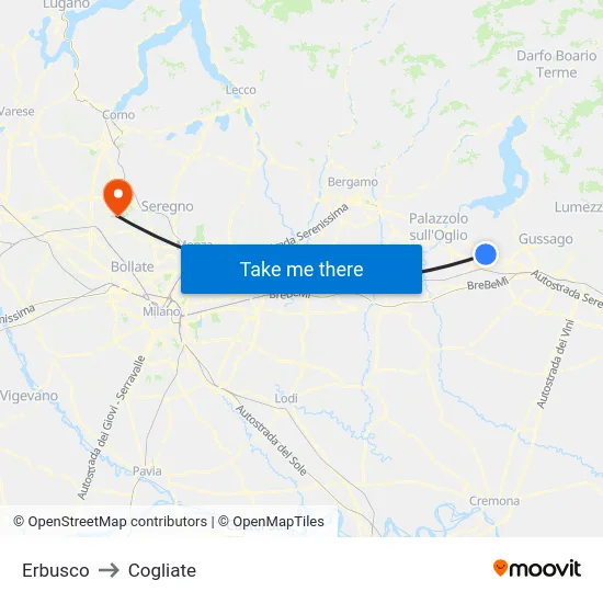 Erbusco to Cogliate map