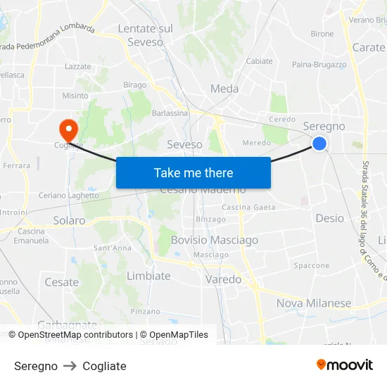 Seregno to Cogliate map