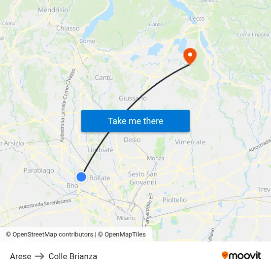 Arese to Colle Brianza map