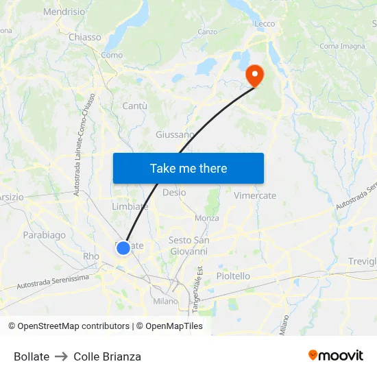 Bollate to Colle Brianza map