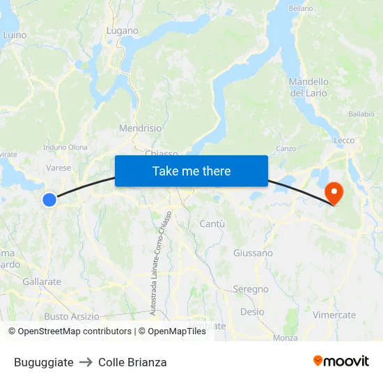 Buguggiate to Colle Brianza map
