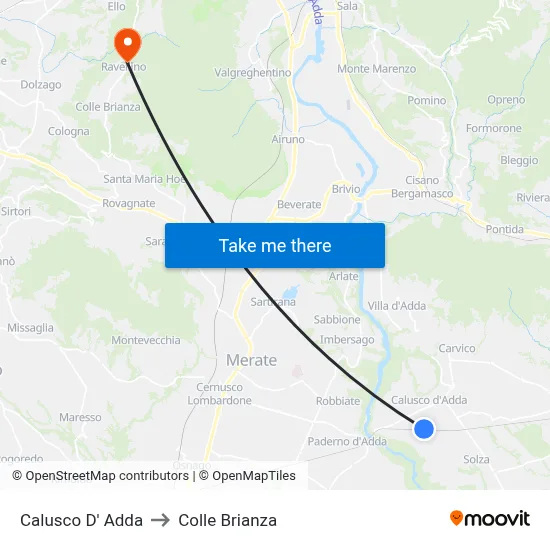 Calusco d'Adda to Colle Brianza map