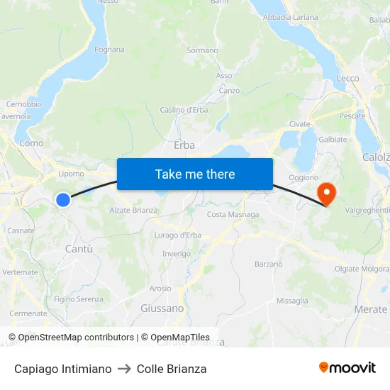 Capiago Intimiano to Colle Brianza map