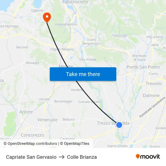 Capriate San Gervasio to Colle Brianza map