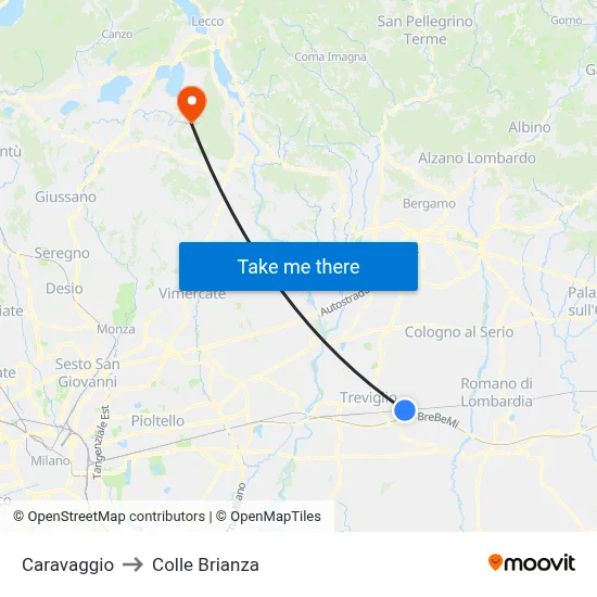 Caravaggio to Colle Brianza map