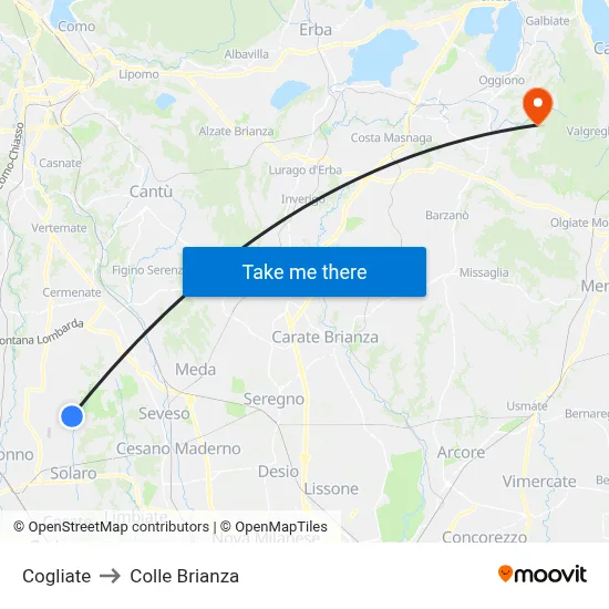 Cogliate to Colle Brianza map