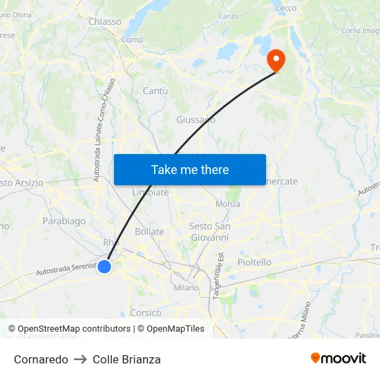 Cornaredo to Colle Brianza map