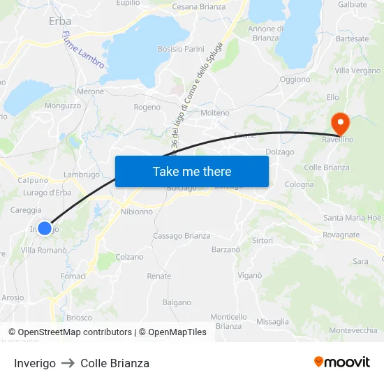 Inverigo to Colle Brianza map