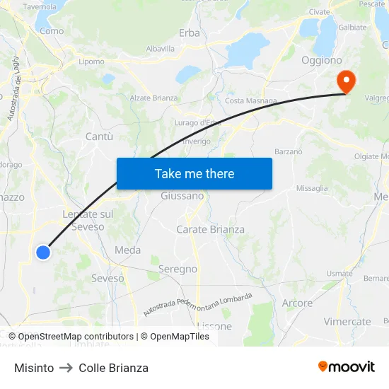 Misinto to Colle Brianza map