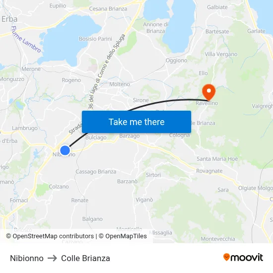 Nibionno to Colle Brianza map