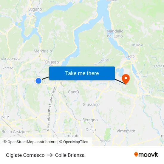 Olgiate Comasco to Colle Brianza map