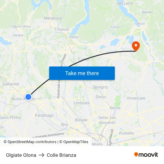 Olgiate Olona to Colle Brianza map