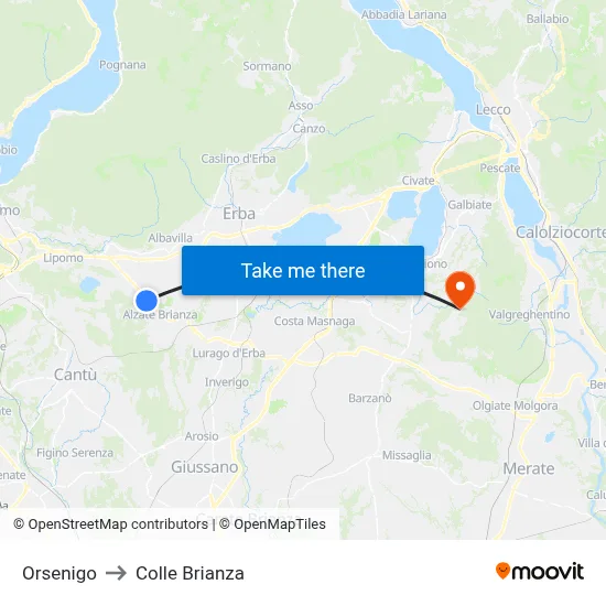 Orsenigo to Colle Brianza map